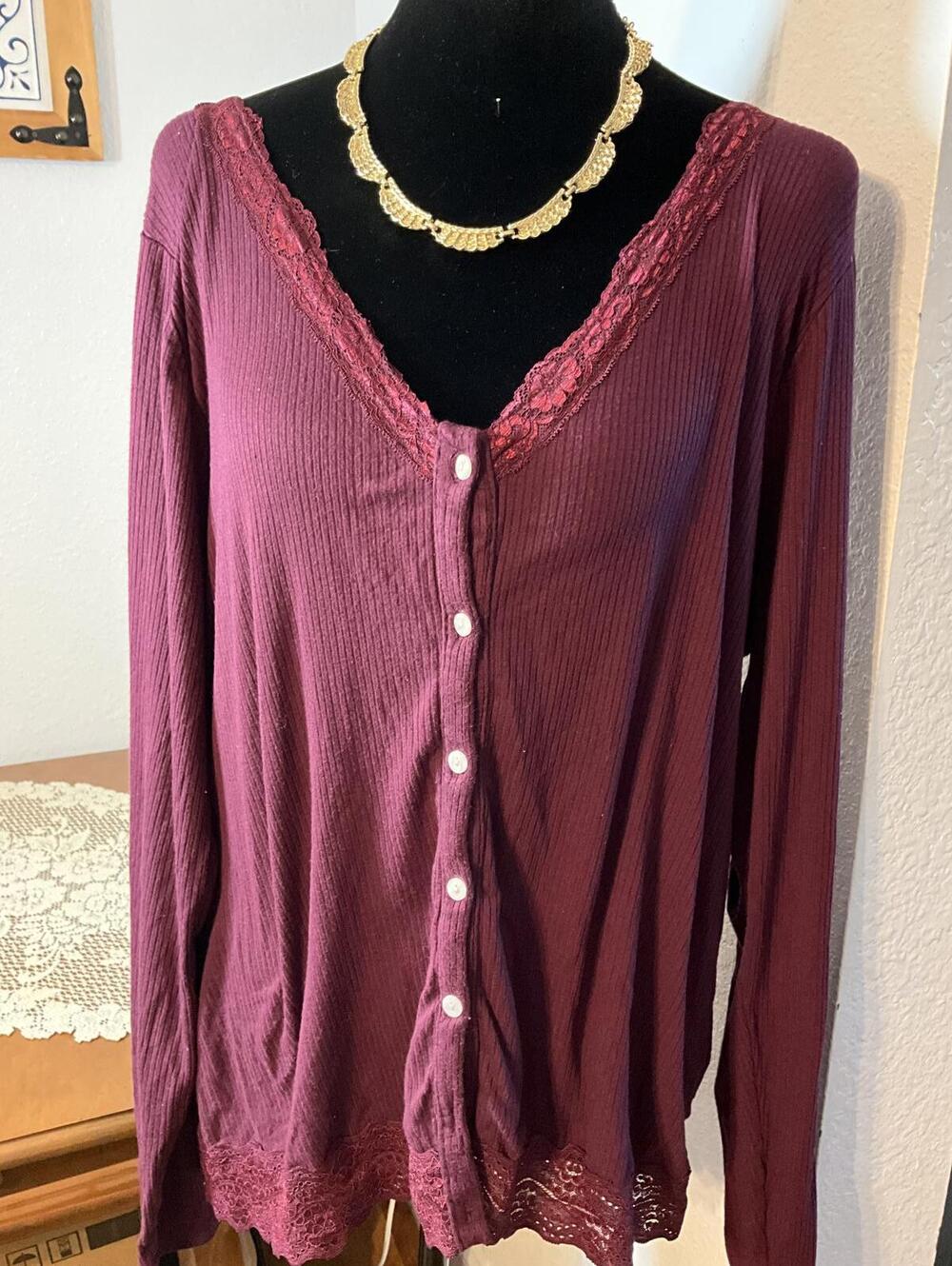 Moral Fiber Women 2X Burgundy Ribbed Lace Trim Long Sleeve Cottagecore Boho